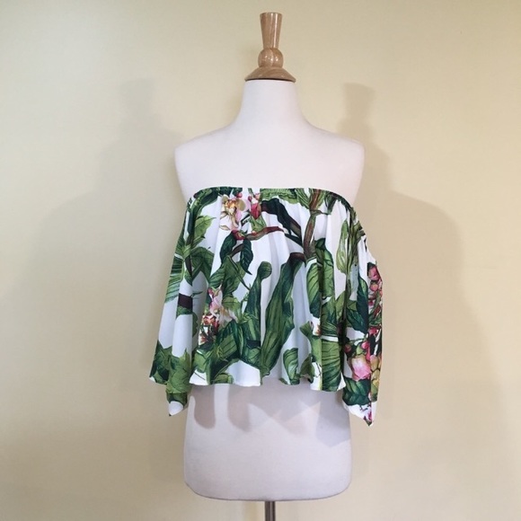 Off Shoulder Tropical Floral Leaf Bell Sleeve Top - Picture 2 of 4